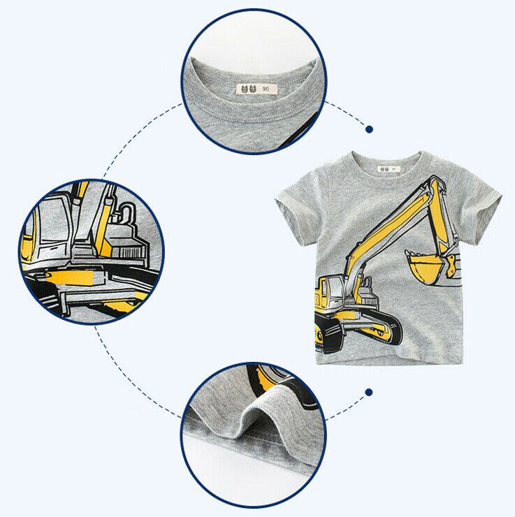 1-10Y Children Summer Clothing Boys Top Short Sleeve Cartoon Cute Excavator Pattern Wild Top Short Sleeve Clothes