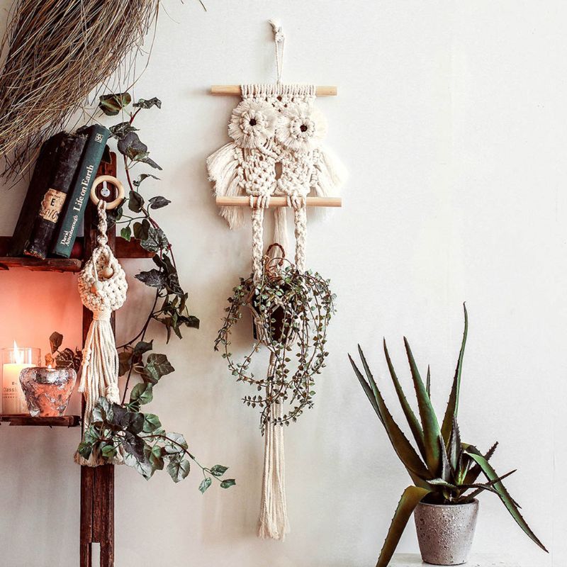 Handwoven Macrame Uil Tapestry Plant Hangers Opknoping Mand Bloempot Houder C6UE