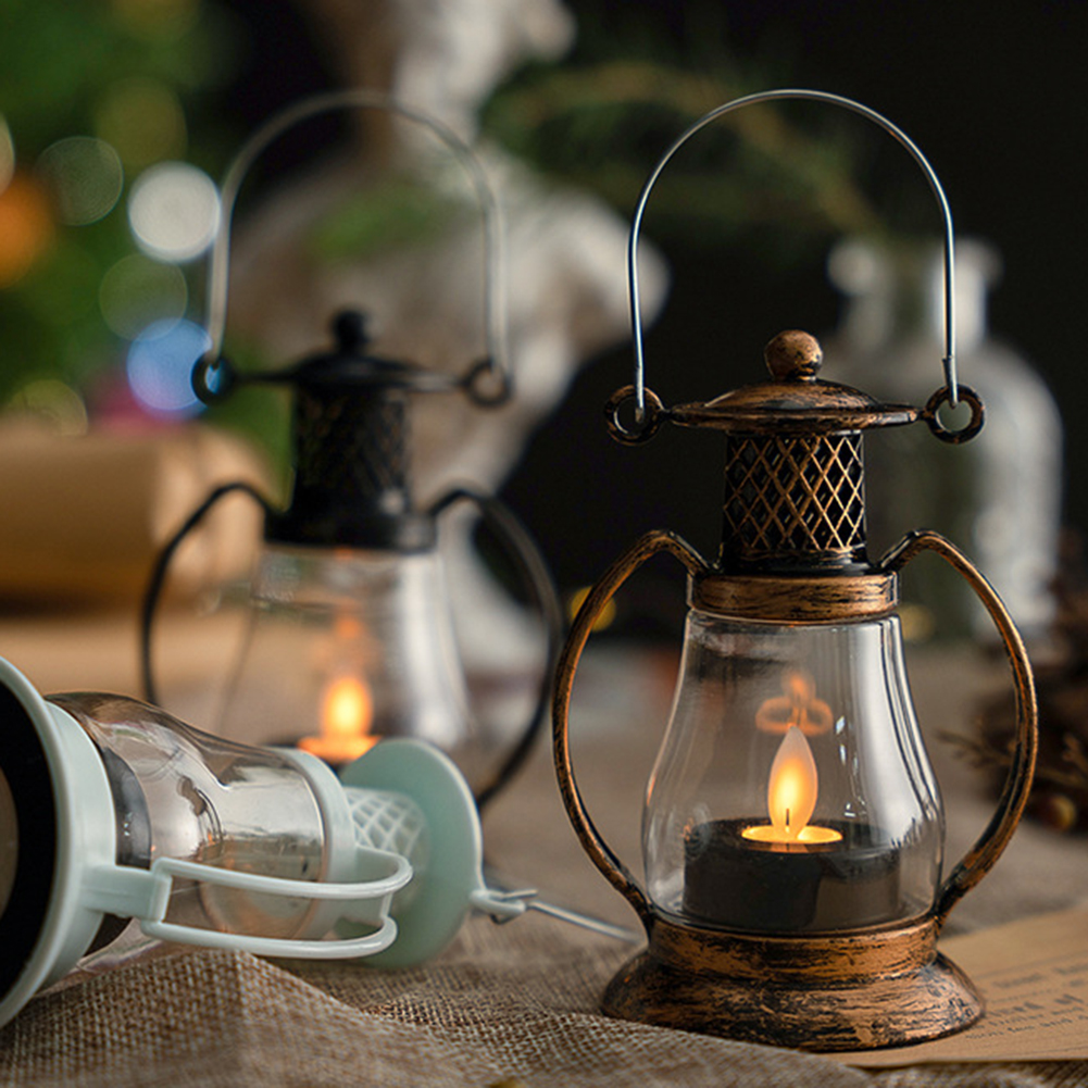 Vintage metall flammelykt hengende lykt utendørs belysningslampe med knappbatteri campinglys retro led stearinlys flammelamper