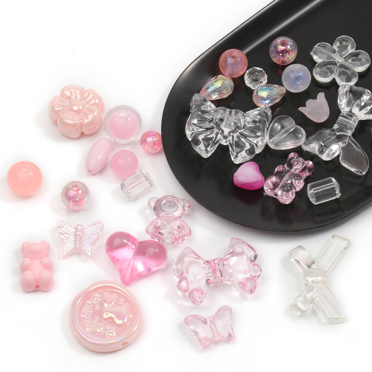 50g Color rosa mezcla aleatoria cuentas acrílicas arco corazón flor cuentas para cadena de teléfono DIY pulsera hecha a mano accesorios para hacer joyas
