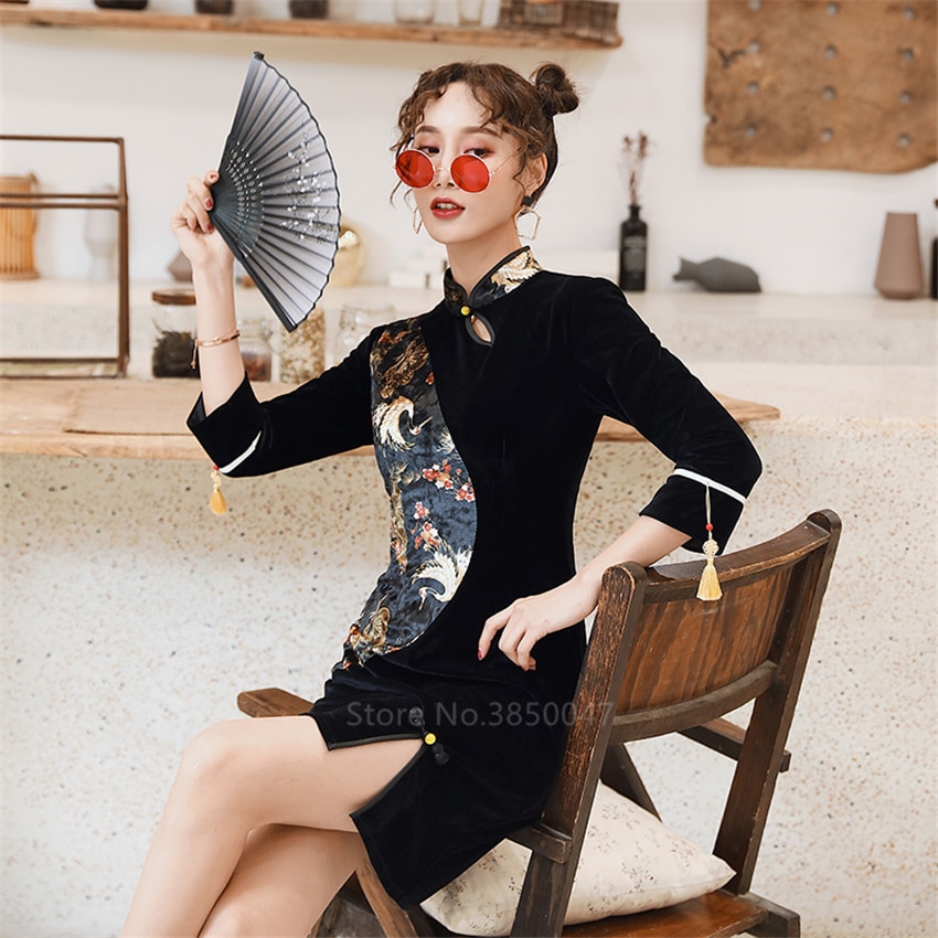 dame svart fløyel cheongsam kjole kran splitt kort qipao retro kinesisk stil tradisjonelle klær festkjole