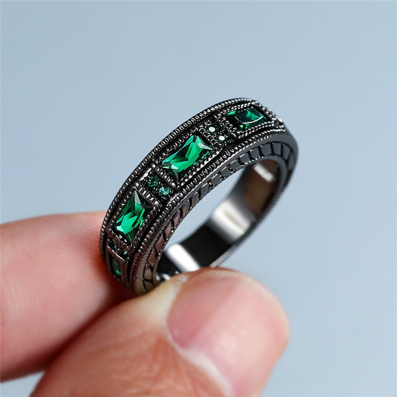 Mannelijke Vrouwelijke Kleine Groene Steen Ring Vintage Zwarte Goud Trouwringen Voor Mannen En Vrouwen Promise Liefde Engagement Ring