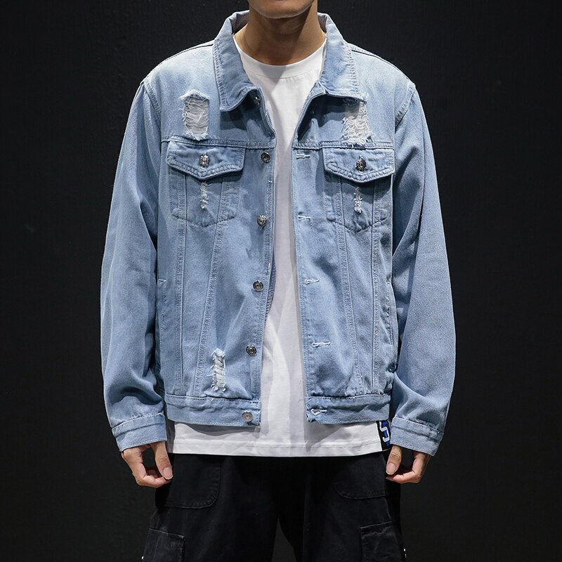 Men Light Blue Denim Jackets Holes Jean Jackets Streetwear Casual Denim Coats Men Cotton Outwear Slim Denim Jackets Size 5XL: Blue / XL