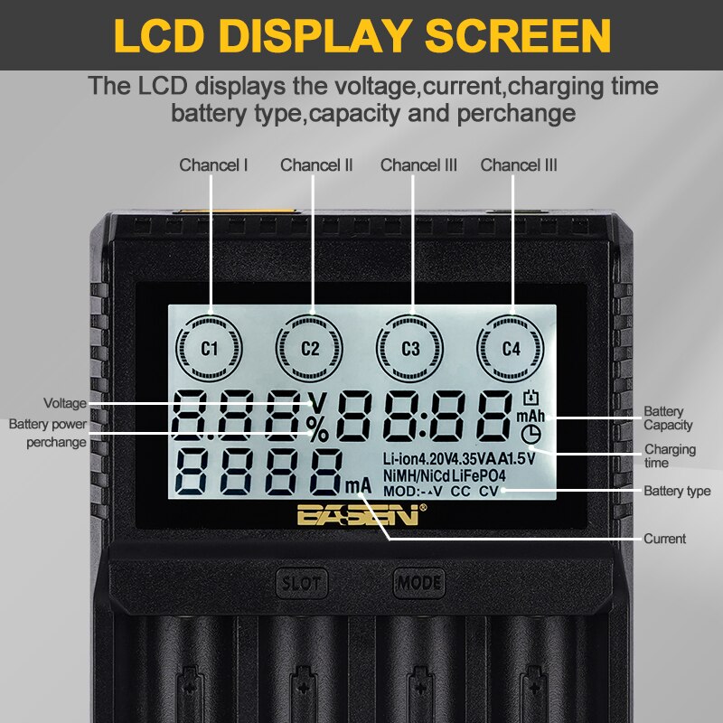 18650 Battery Charger 3.7V 18650 21700 Lithium 1.2V AA AAA NiMH Rechargeable Batteries LCD Smart Charger with DC 12V 2A Port