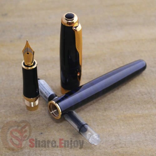 Baoer 388 sort med blå korn og gylden medium penne fyldepen