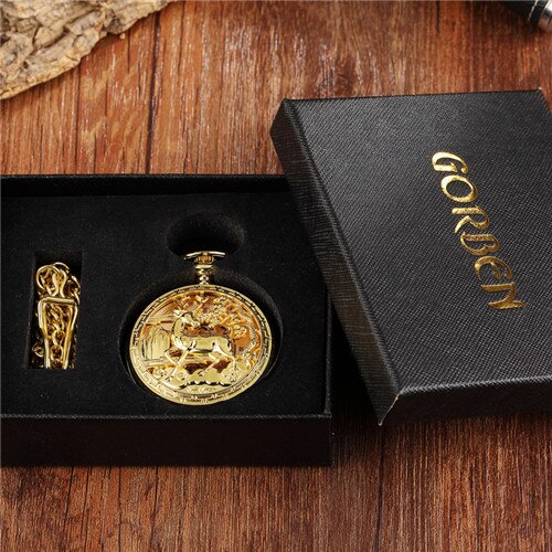 Golden 2 Side Mechanisch Zakhorloge Hollow Herten Patroon Steampunk Skeleton Fob Horloges Ketting Hangende Horloge Voor Vrouwen Mannen: gold with box