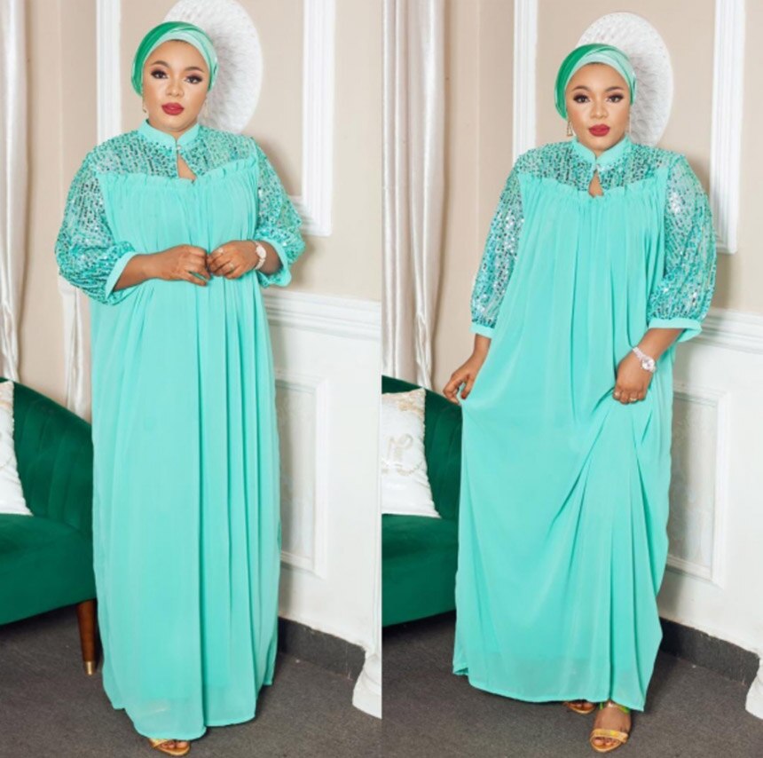 Length 153cm super loose long dress style African women's Dashiki stretch Chiffon material With inner free size: Aqua