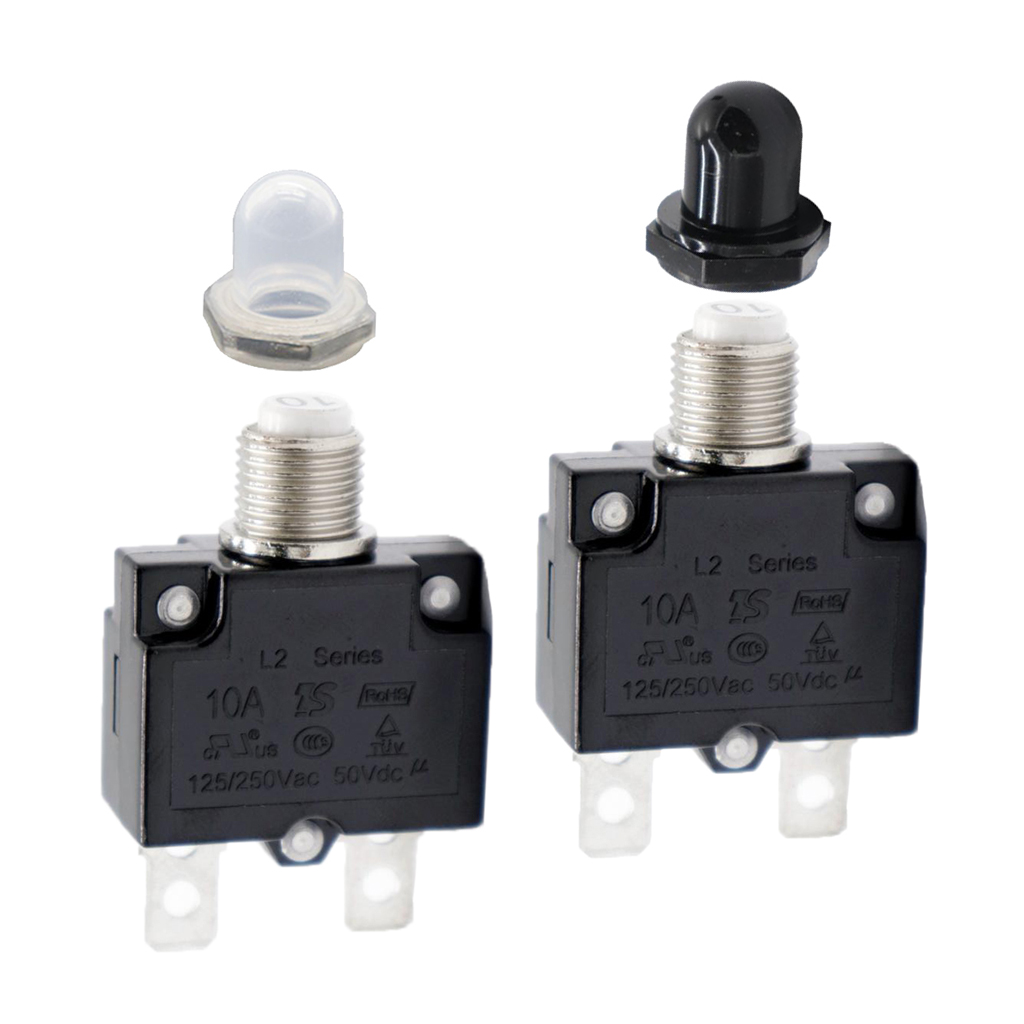 Pack of 2 10 Amp Circuit Breaker Push-Button Reset with Quick Connect Terminals and Waterproof Button Covers (Black &amp; White)