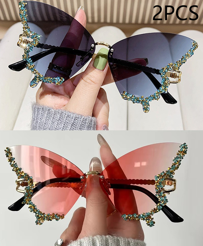 Luxus Diamant Schmetterling Sonnenbrille Frauen Y2K Jahrgang Randlose Übergroße Sonnenbrille Damen Brillen: Marineblau