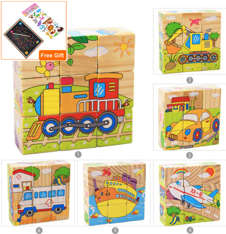 1pc Nine Blocks Six-sided 3D Jigsaw Cubes Puzzlesd Wooden Toys For Children Kids Educational Toys Funny Games GYH: Traffic 1TZ1GGH