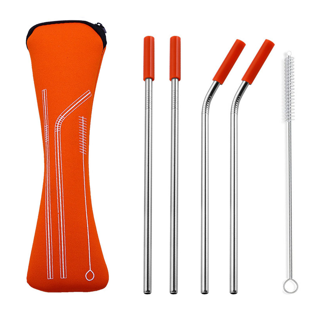 6 stks/set Herbruikbare Rvs Rietjes Rechte Gebogen Rietjes met Siliconen Tips voor Koude Drank Bar Gereedschap: Orange