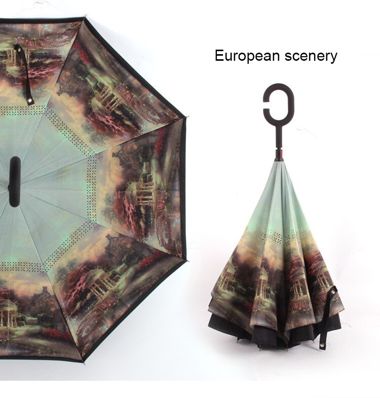 Windproof Reverse Folding Umbrellas Double Layer Inverted Umbrella C Handle Stand Rainy And Sunny Women Men: european scenery