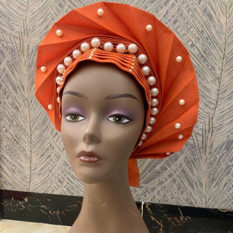 Kvinder stil hovedindpakning med rhinestone tørklæde kasket hat pandebånd turban afrikansk bryllup nyeste auto gele klar til at bære så oke: Orange 2