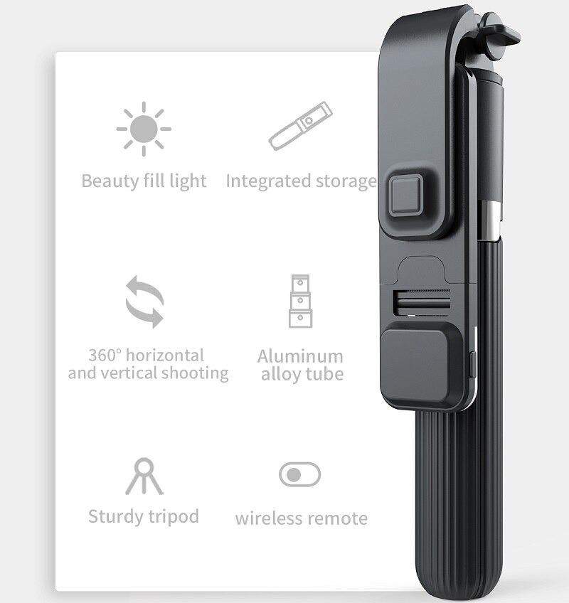 FANGTUOSI Bluetooth Selfie Stick Monopod mini trípode con luz de relleno LED y Disparador remoto para el teléfono móvil