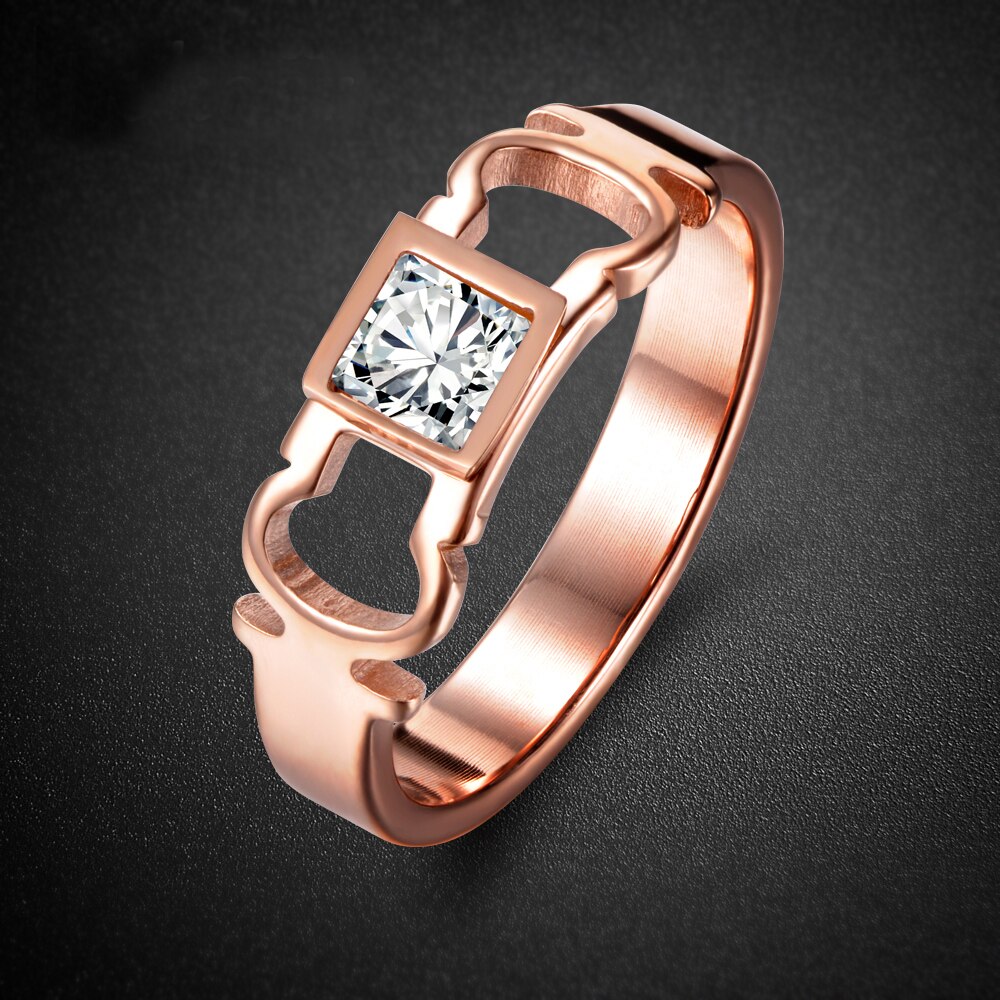 Lokaer Na Moda Cor de Rosa de Ouro Anel de Aço Inoxidável Tensão Configuração Geométrica Praça Cut 1ct CZ Jóias Anéis Para As Mulheres R17034