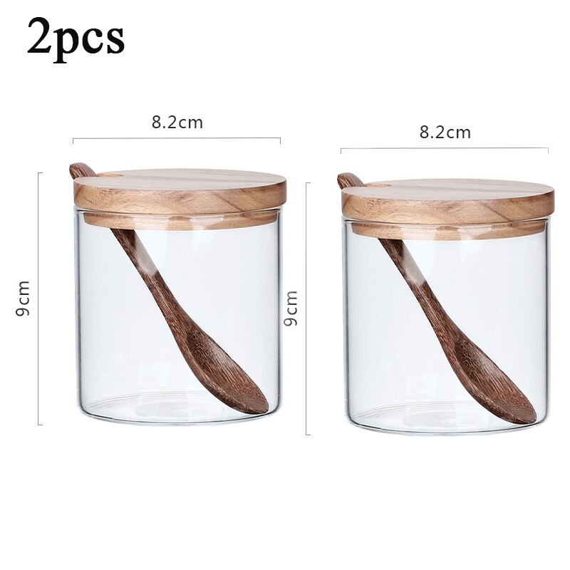 Seasoning box set Transparent glass seasoning jar three-piece kitchen wooden salt shaker sugar bowl with spoon base: B