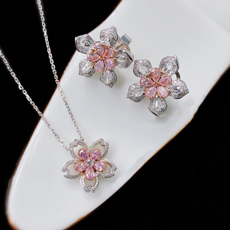 Bague en Zircon rose, fleur de cerisier, ensemble de boucles d'oreilles, collier, anneau ouvert, pendentif, bijoux, ensemble de trois pièces,