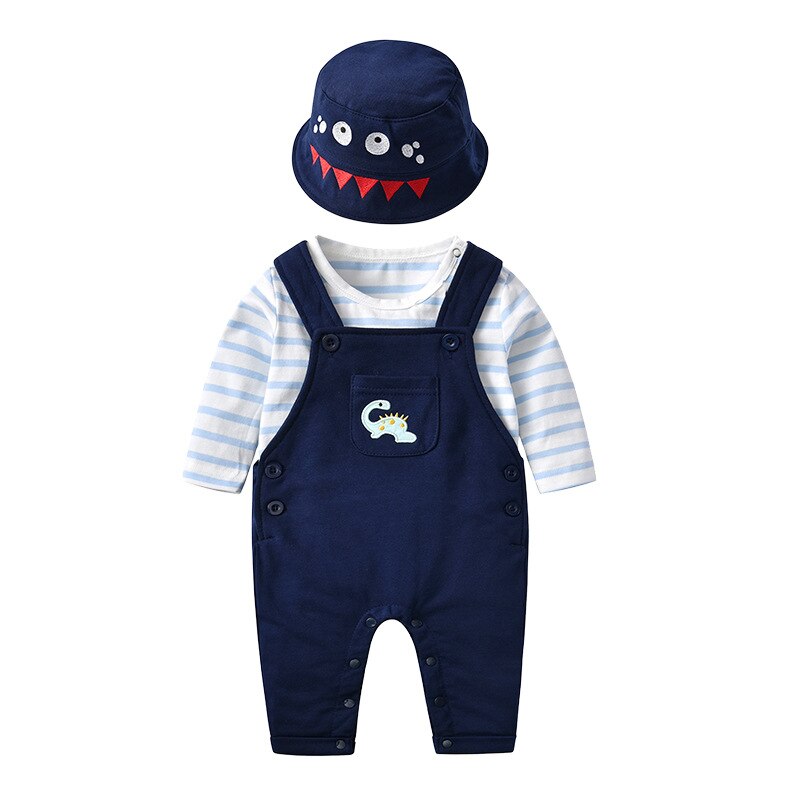 Lente Baby Jongens Strip Romper En Effen Kleur Overalls(2 Stuks Zonder Hoed): 90cm