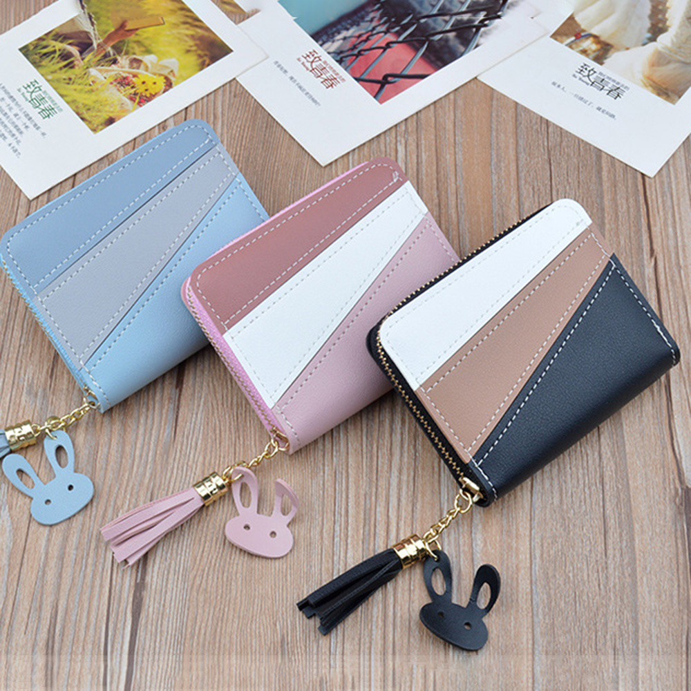 Women Wallets with Zipper Pink Phone Pocket Purse Card Holder Patchwork Women Long Wallet Lady Tassel Short Coin Purse