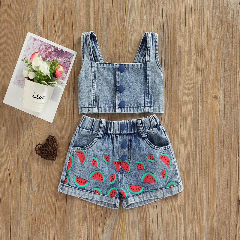 Fashion Kid Baby Girl Outfit Set tracolla senza maniche Crop Top + anguria Denim Shorts Set di abbigliamento estivo per bambini