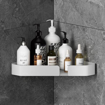 Væghængt hjørneopbevaringsstativ sort badeværelseshylde bruseopbevaring trekanthylder håndklædestang badeværelsestilbehør: Hvid a