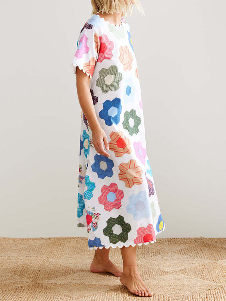 O Neck Casual Female Patchwork Maxi Dress, Women Summer Short Sleeve Chic Party Dress, Printed Ladies Dress