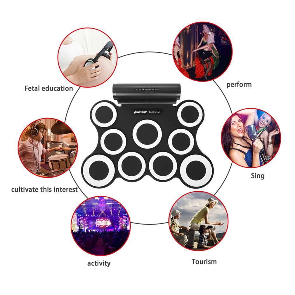 Portable Roll Up Electronic Drum Set Kits 3009 9 Pads Built-in Speakers With Foot Pedals Drumsticks USB Cable For Practice