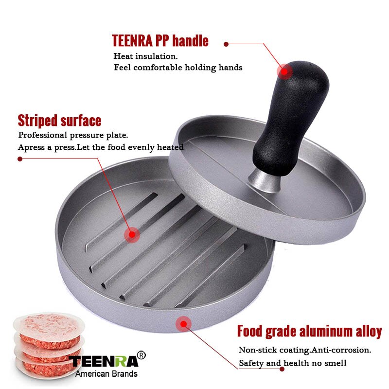 Teenra 12cm rund hamburgerpress hamburgermaskin legering hamburgare form press aluminium kött nötkött verktyg