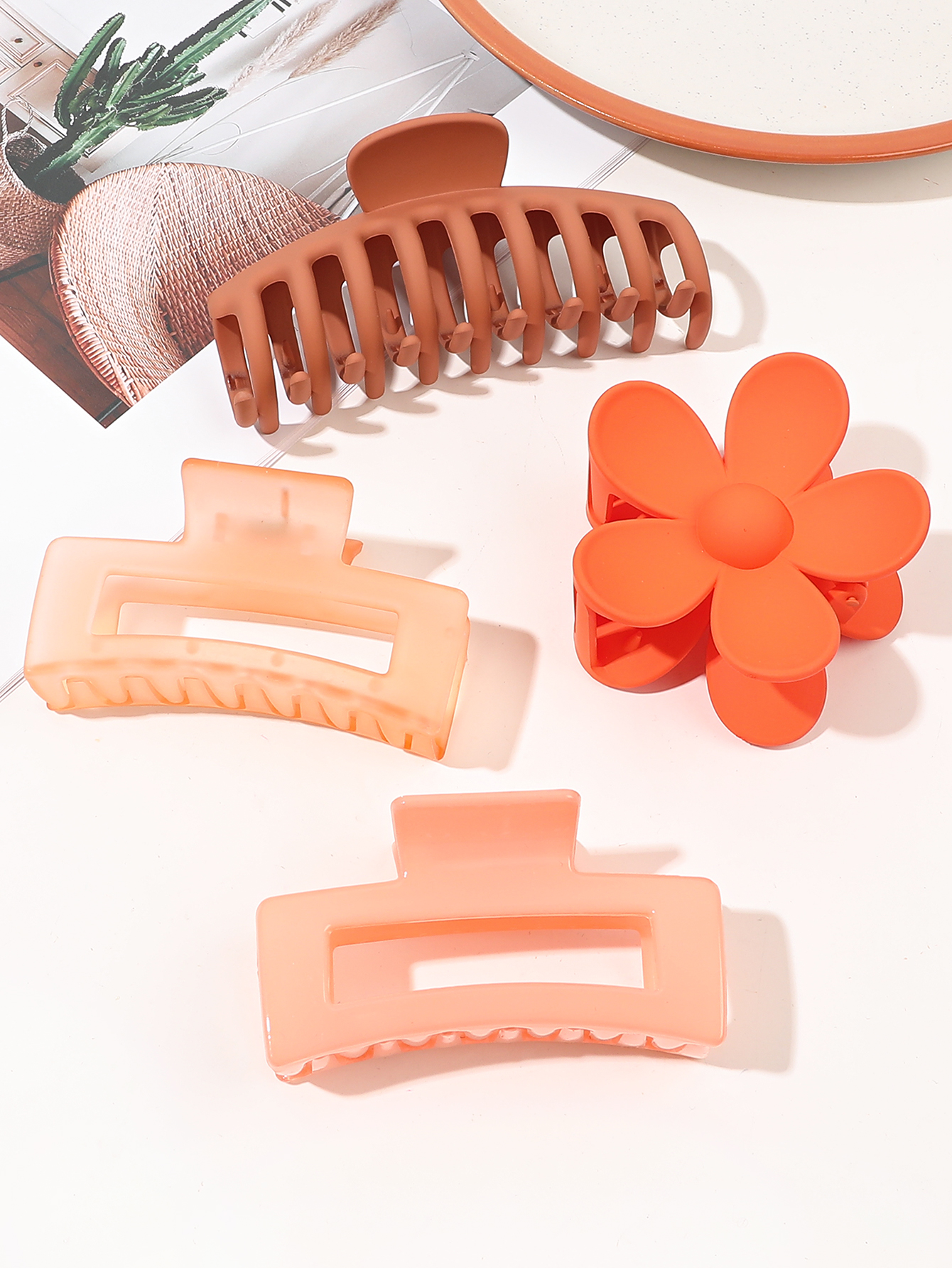 4 pçs cores rosa grampos de garra de cabelo acessórios com multi-estilos, clipes de garra de flor para cabelo grosso, grampos de cabelo para mulher antiderrapante: Laranja