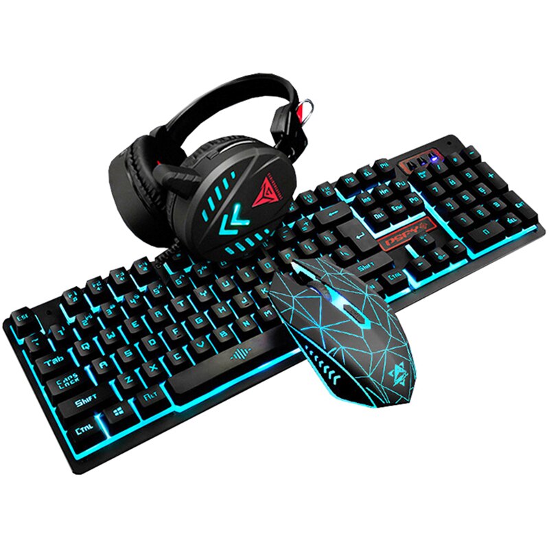 4Pcs Pad USB Computer Waterproof Gaming Mouse Headset Home Illuminated Wired Backlight Desktop Ergonomic Keyboard Set: Black Blue Light