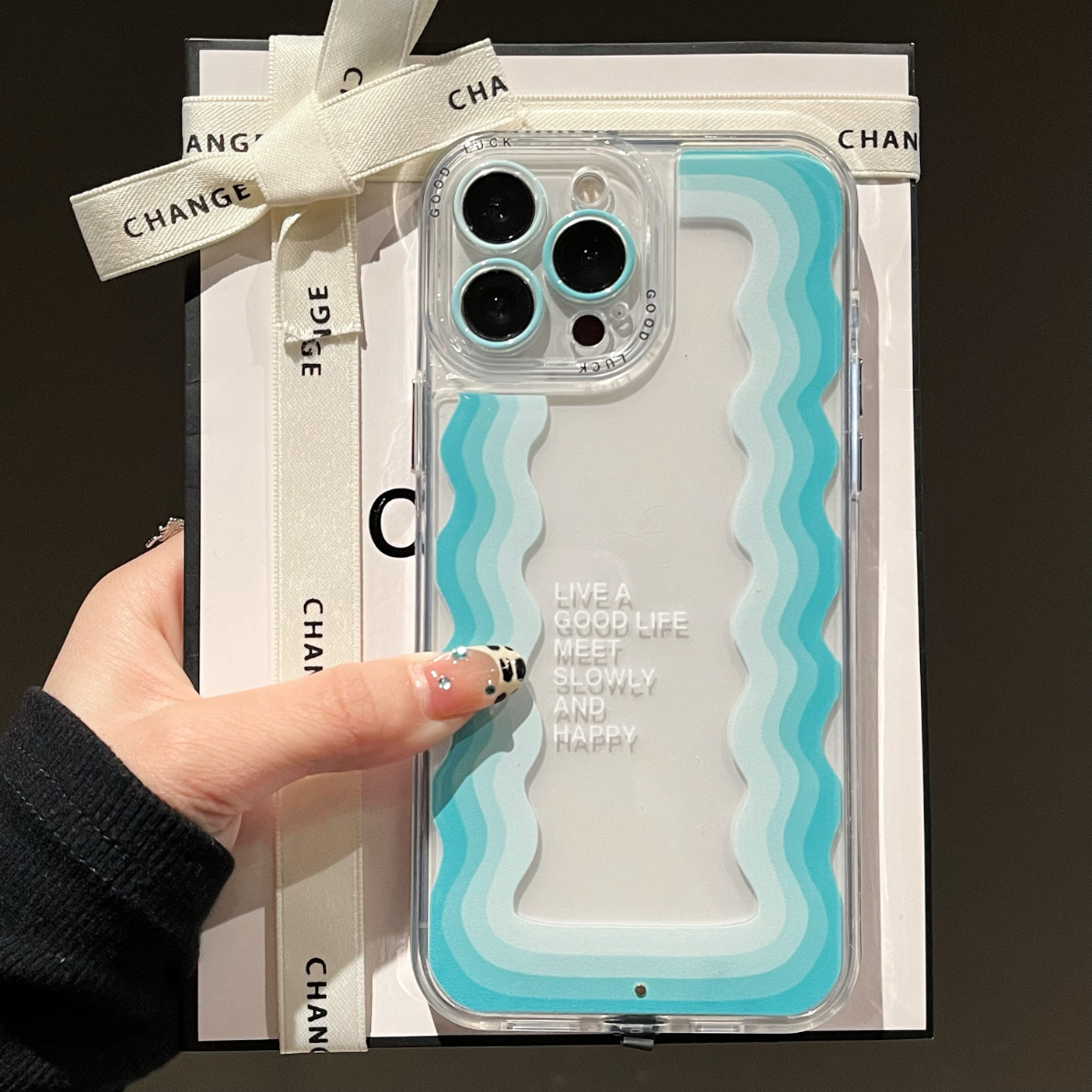 2025 5 couleurs appel lumineux éclairer Flash chanceux ondulé coque de téléphone pour iPhone 16 15 13 12 11 14 Pro Max Plus couverture antichoc: PU / Bleu