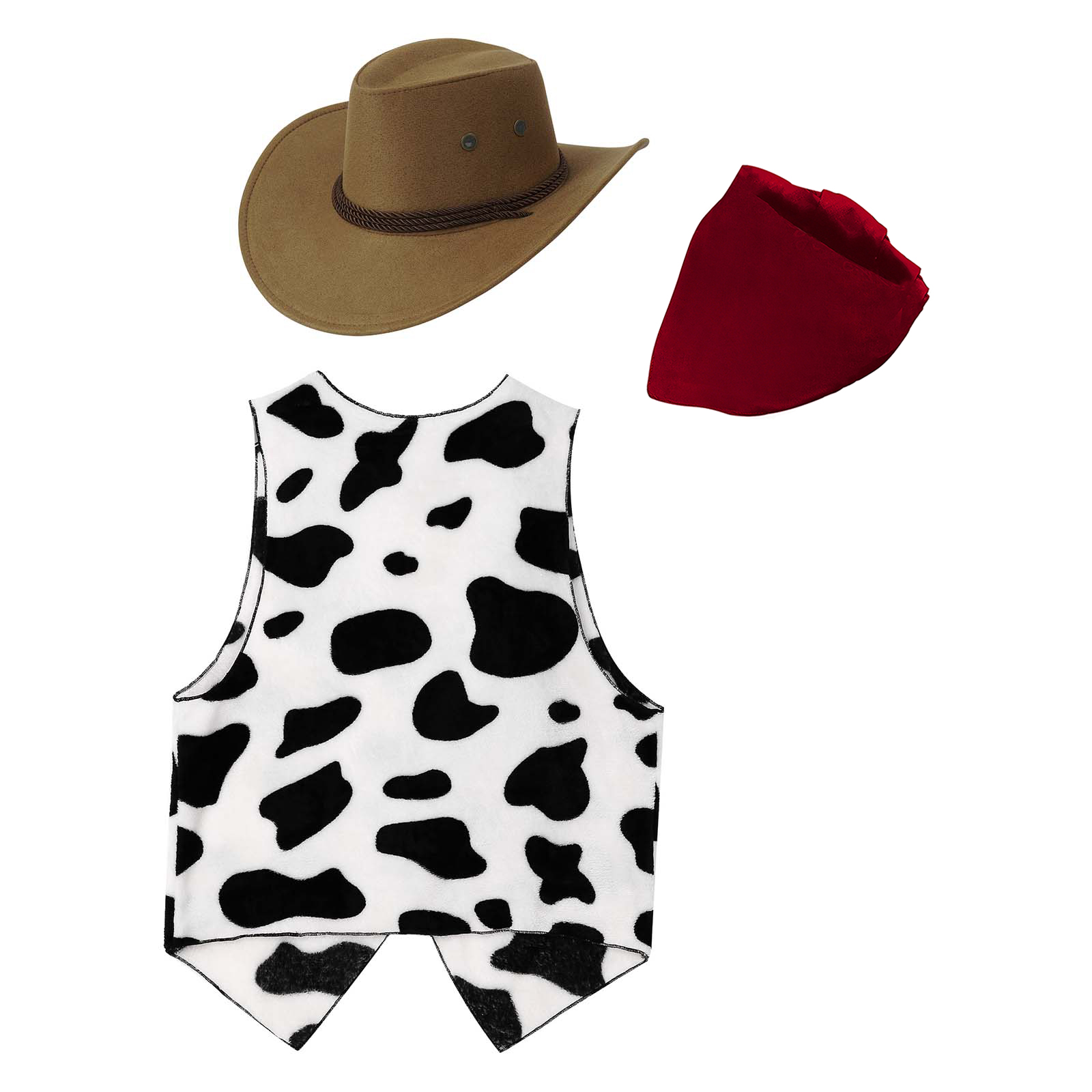 Herren Western Cowboy Cosplay Kostüm Anzug mit Hut und Aufdruck Bandana Kuh bedruckte Flanellweste für Halloween Karneval Party