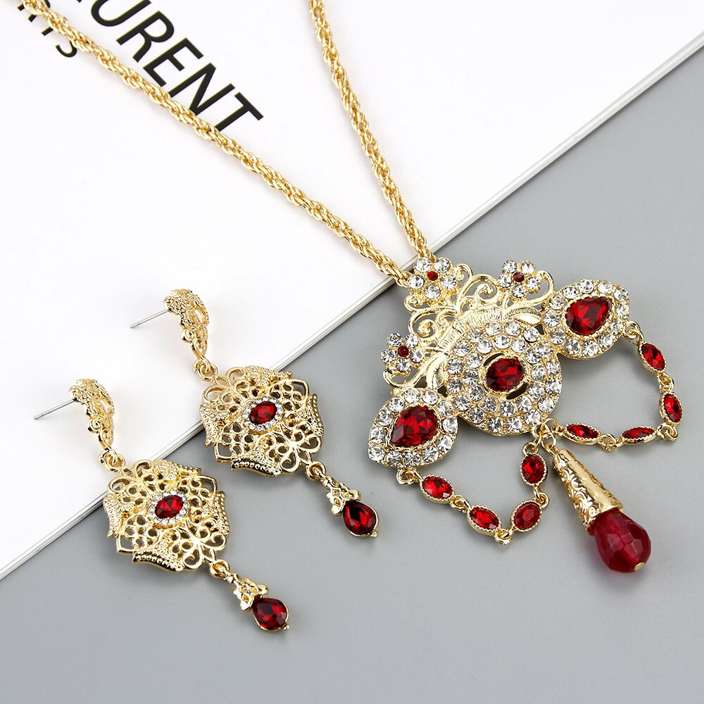 Sunspicems Marokko Bruiloft Sieraden Sets Goud Kleur Earring Lange Hanger Ketting Arabische Bijoux Bridal: LL153U154red