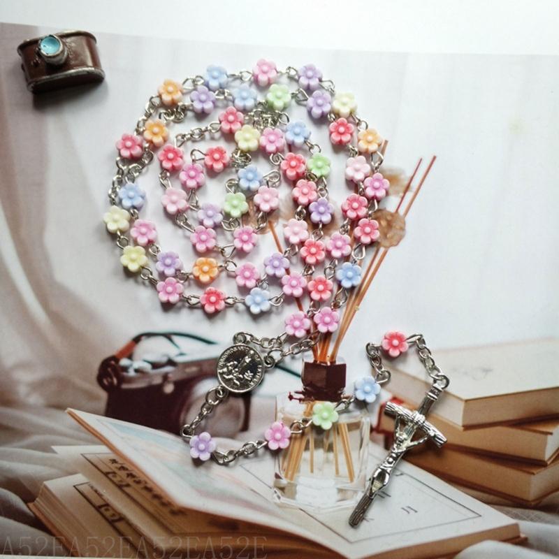 A52E katholieke kralen rozenkrans ketting bloem kralen Kruis hanger ketting sieraden cadeau