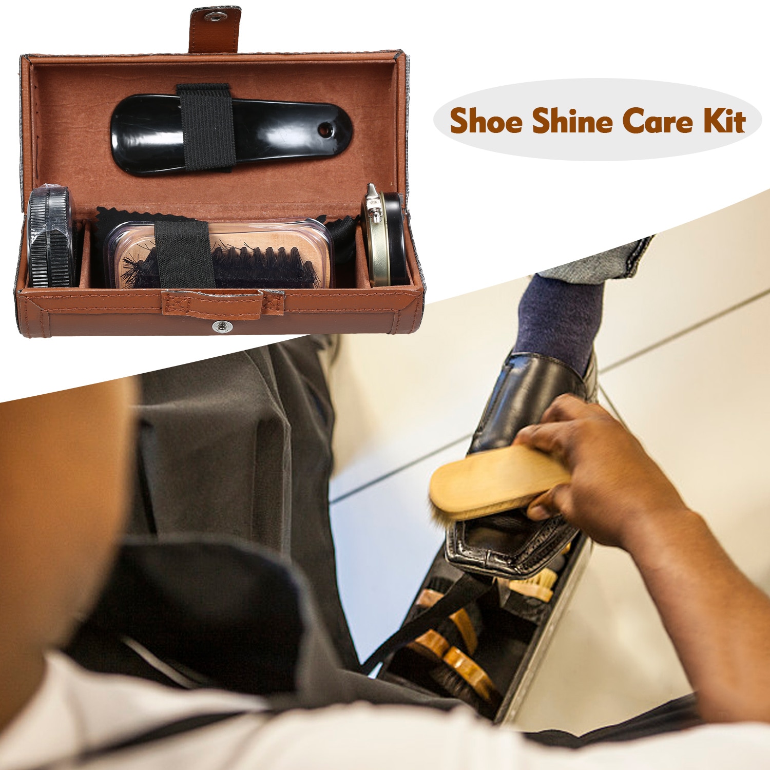 Schoensmeer Verzorging Kit Lederen Schoen Shine Set Schoen Borstels Compact Schoen Cleaning Kit met PU Leather Case 6PCS
