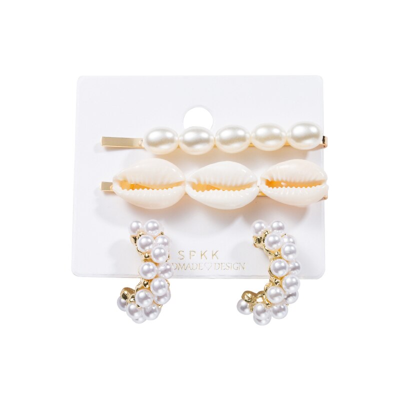Find Me Shell Rhinestone Earrings Hairpins Jewelry Set for Women Simple Alloy Imitation Pearl Hair Clips Accessories: 2