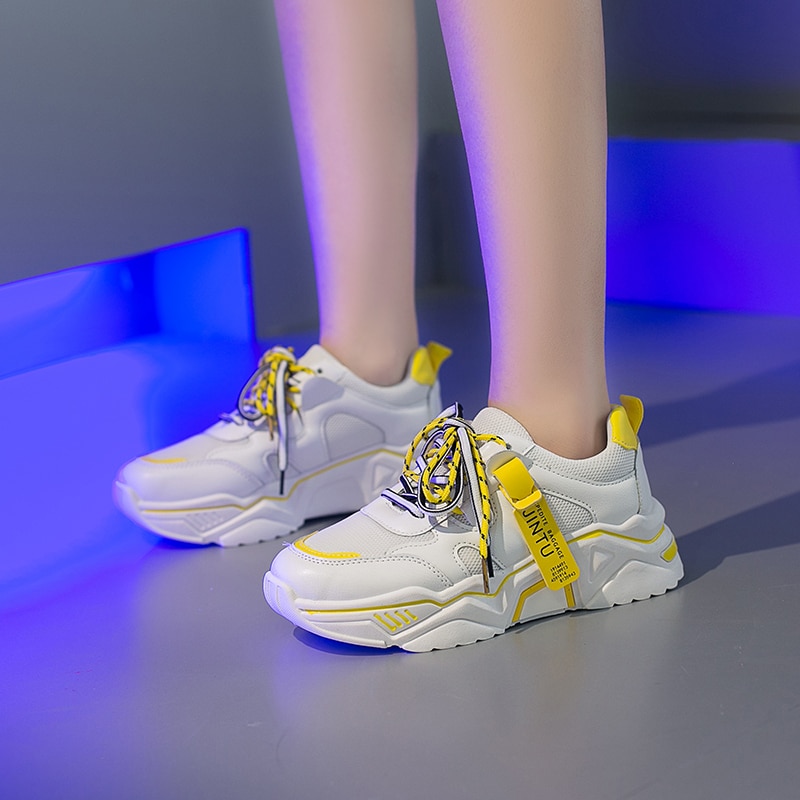 Chunky sneakers kvinder blandede farver patchwork tykke såler kvinder fritidssko åndbar mesh platform sneakers med snøre