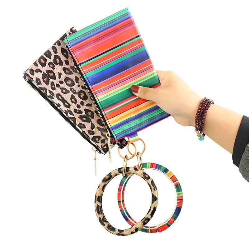 Multi-purpose Pu Leather Flower Leopard Printed Phone Wallet O Key Rings Women Wristlet Bracelets Key Chain