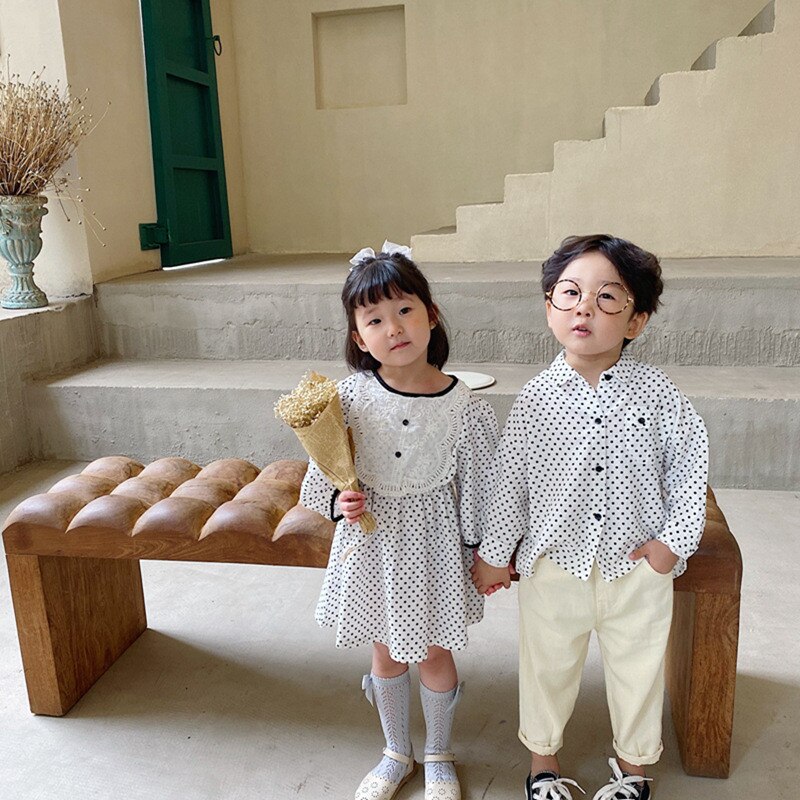 Boys Korean Style Cotton Dot Long Sleeve Shirts Spring and Autumn Lapel Collar Baby Boys soft all-match casual shirt