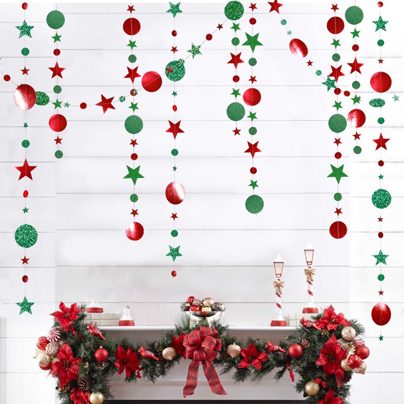 1 sæt rød grøn palæ runde cirkel stjerne papir krans jul hængende flag banner juletræ ornament dekoration forsyninger: S01 runde stjerne