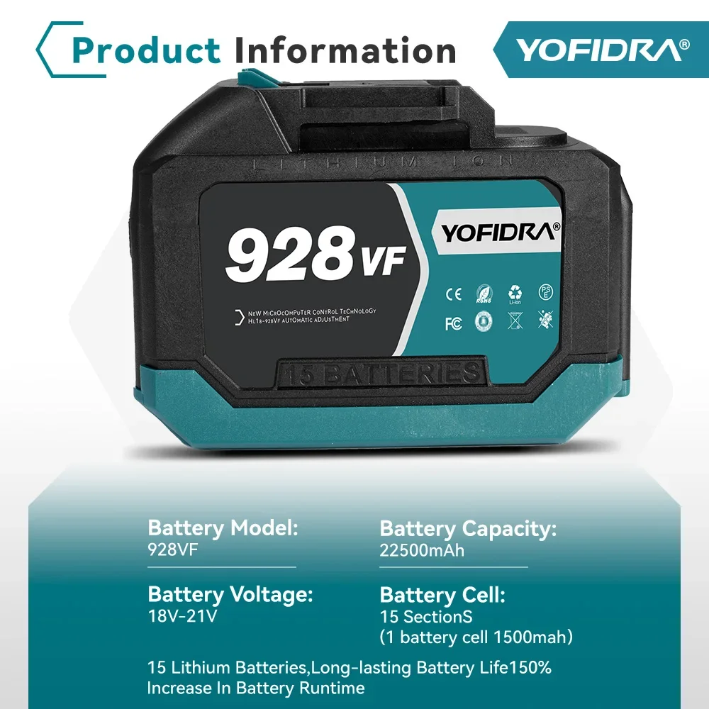 YOFIDRA 388VF 928VF Rechargeable Lithium Battery 22500mAh 15000mah Li-ion Battery for Electric Chainsaw Drill Wrench Power Tool