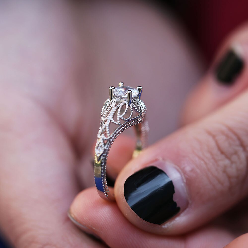 Huitan Bridal Ring with Round Brilliant Cubic Zirconia Prong Setting Korean Jewelry Engagement Wedding Rings for Women