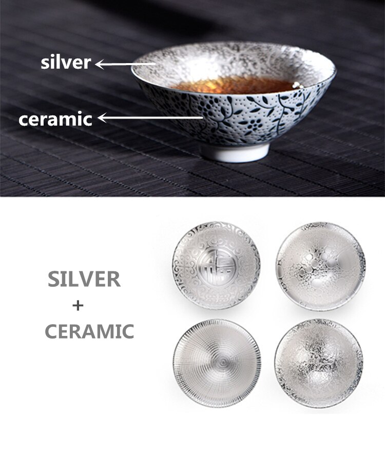 999 Pure Silver Tea Cup Ceramic Tea Cup Inlaid with Silver Cup Kung Fu Tea Bowl Handmade Silver Plated Cup