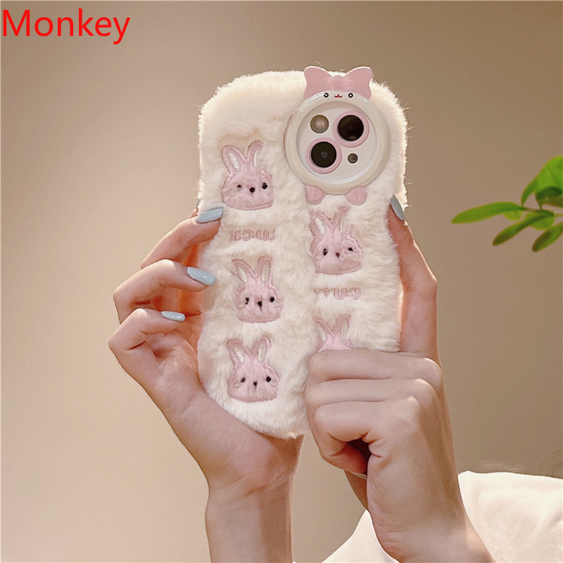 Fluffy plysj 3d søt kanin rosa telefondeksel til iphone 15 pro max deksler 14 12 11 pro max beskyttende mykt deksel til iphone 13 deksel