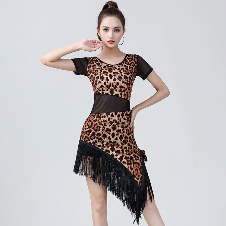 Vestido de baile latino con estampado de leopardo, novedad, traje de baile femenino a la , conjunto de vestido para Salsa y Samba, manga corta, borlas, vestidos de baile latino para mujer
