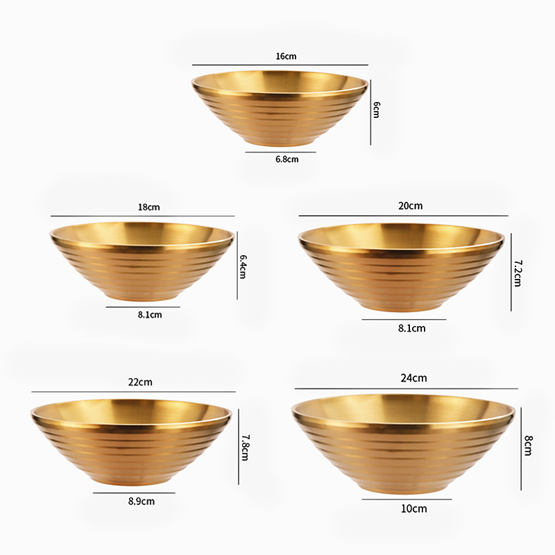 304 Stainless Steel Ramen Bowl Rice Salad Noodle Soup Bowl Golden Home Restaurant Food Serving Dish Pickled Cabbage Large Bowl