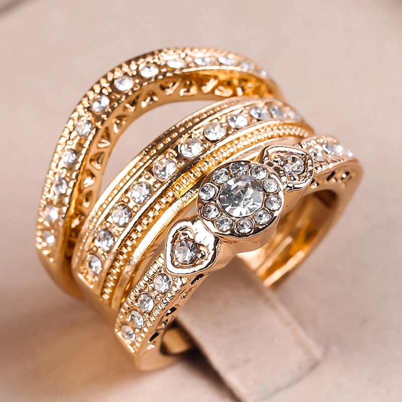 Gorgeous Yellow Gold Filled Rhinestone CZ Wedding Rings Luxury Love Heart Shaped Couple Rings Charm Jewelry 3 Pcs/Set Z5M398