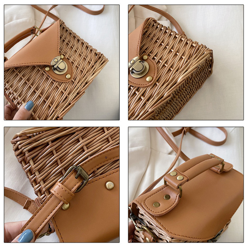 Summer Bali Hand Woven Women Rattan Bag Beach Shoulder Crossbody Bags Top-handle Picnic Bags Knitting Travel Handbags