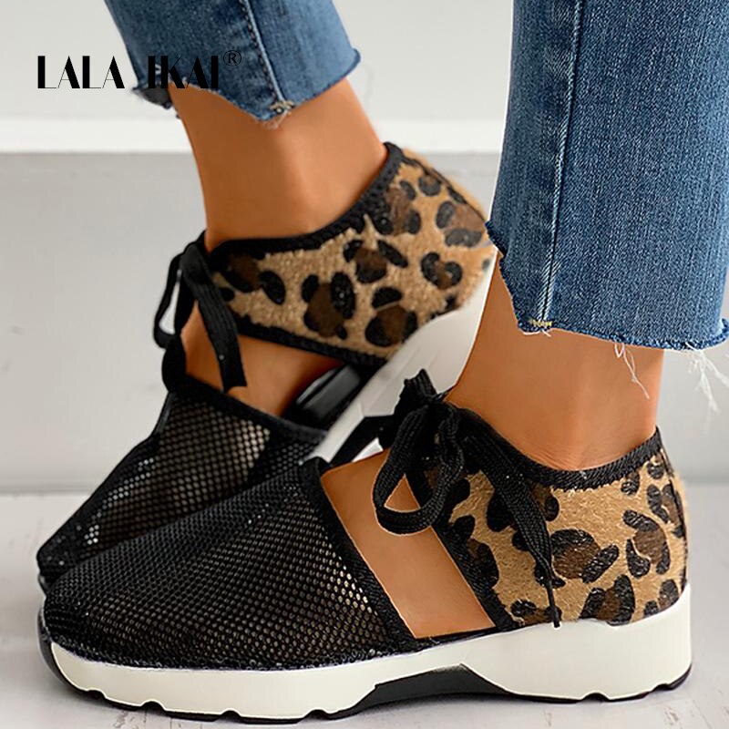 LALA IKAI – baskets léopard pour femmes, maille épaisse, ajouré, vulcanisé, chaussures de marche et de Tennis souples, automne , A30784-4: Black / 5