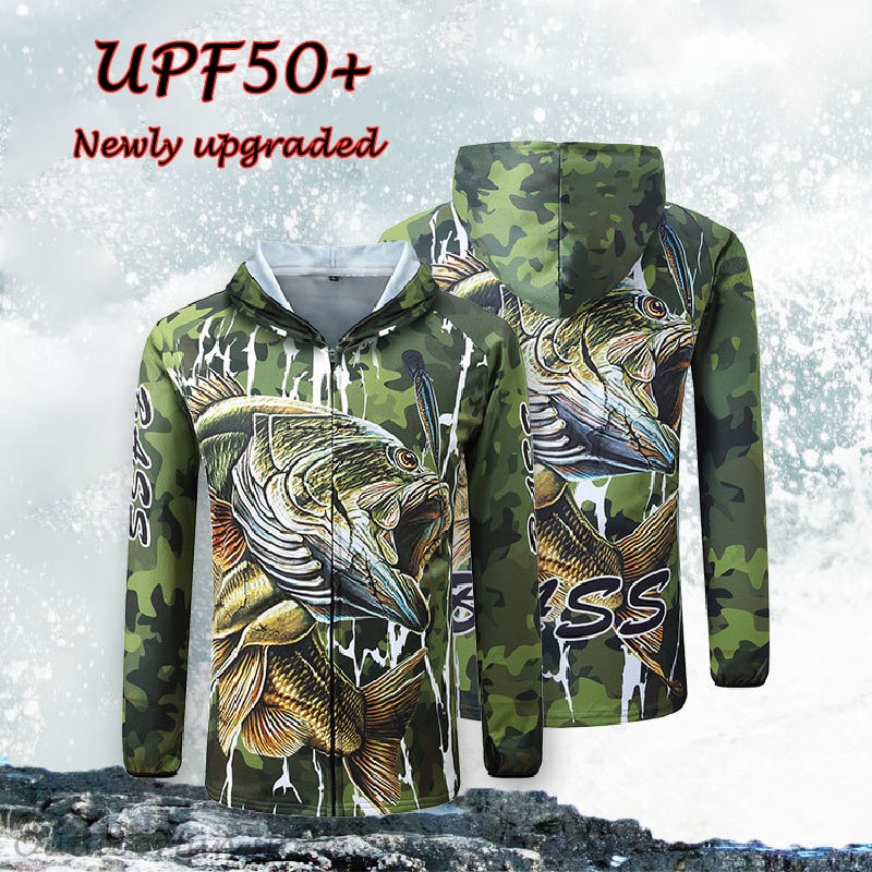 Sommer fisketøj sæt uv is silke hættetøj solbeskyttelse langærmet bas t-shirt bukser åndbar camouflage grøn